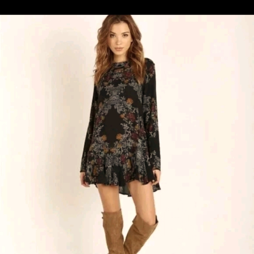 Free People Navy Floral Long Sleeve Dress Tunic, READ DESCRIPTION